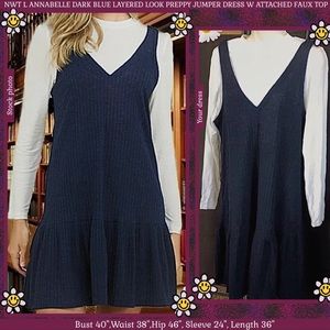 NWT L MINIMALIST FALL PREPPY JUMPER DRESS NAVY LAYERED LOOK W ATTACHED FAUX TOP